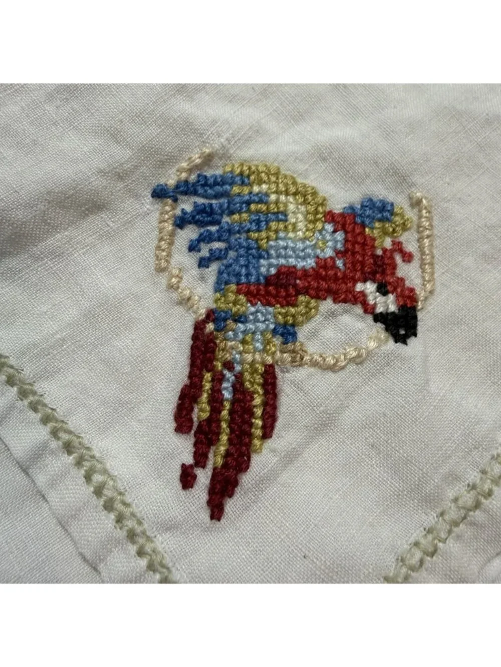 Vintage White Linen Tablecloth Napkins Hand Stitched Parrot Embroidery Tropical